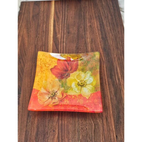 Fabrice De Villeneuve Decorative Floral Art Glass Tray - Picture 2 of 6